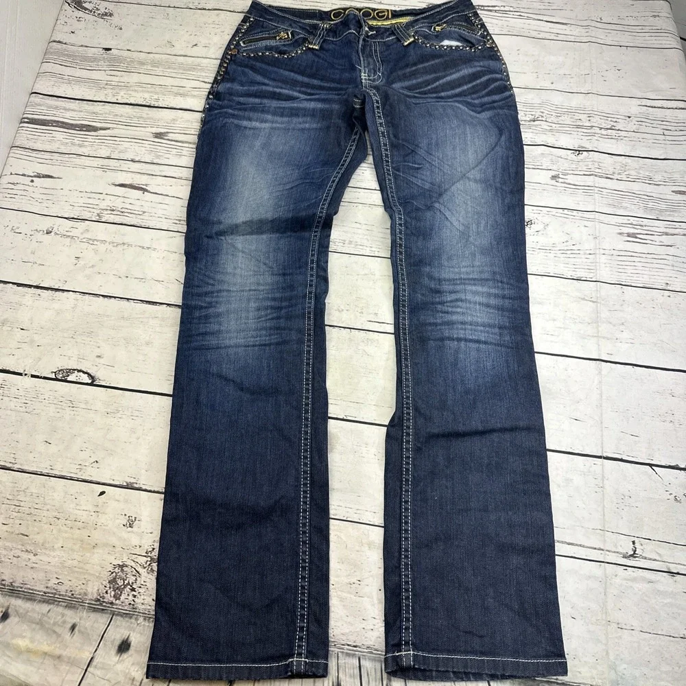 COOGI Jeans Womens 9/10 Dark Wash Gold Stud Zip Pocket Low Rise Straight Leg
